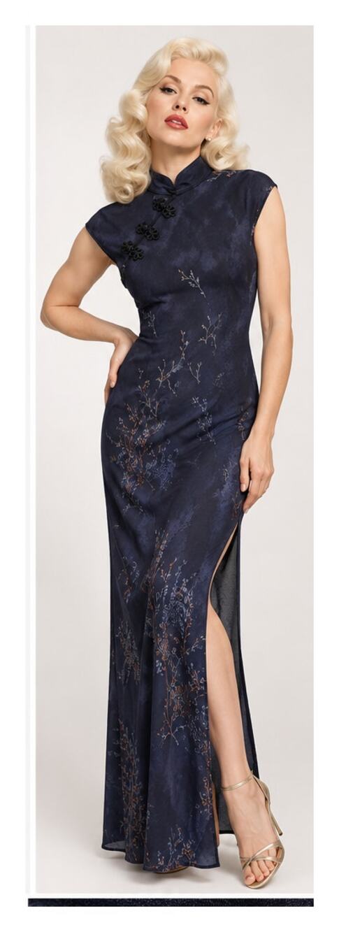 Vintage Benjamin A Navy Chiffon Qipao Maxi Dress Size 8 34" Bust USA